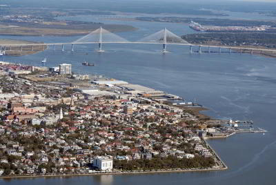 Aerial view of Charleston SC Battery and Cooper River Bridge