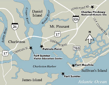 Modern map of major roads + landmarks around Charleston SC